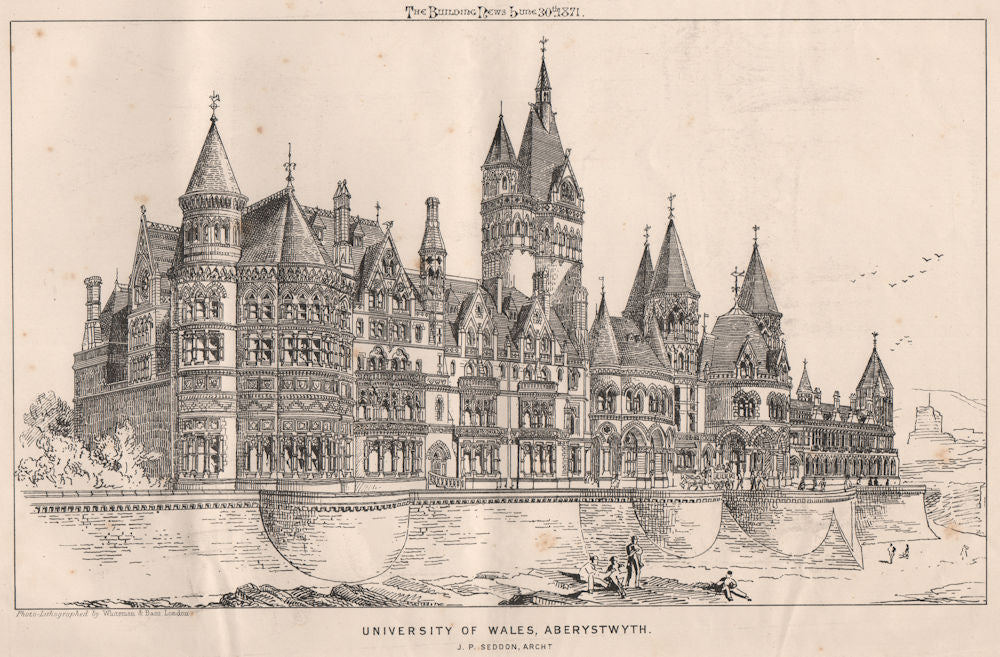 University of Wales, Aberystwyth; J.P. Seddon, Architect 1871 old print